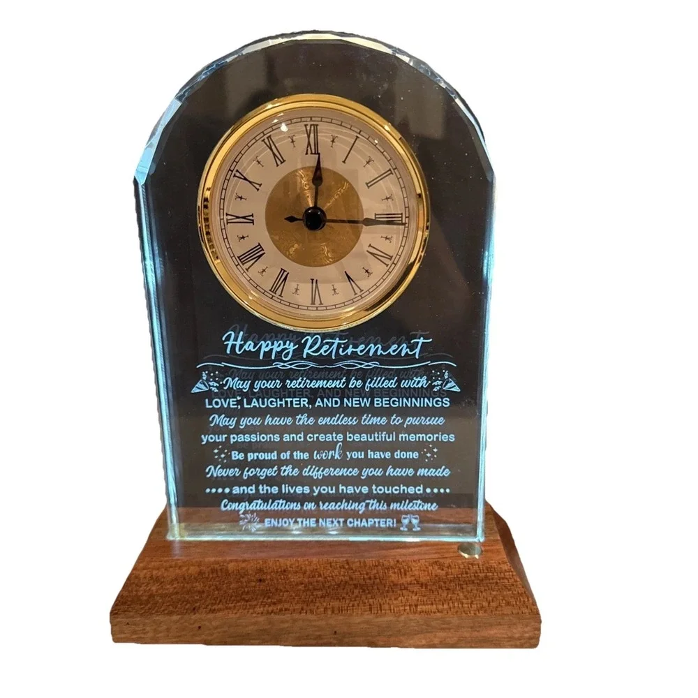 NIB Glass Retirement Clock with Wooden‎ Light Base - Happy Retirement Plaque